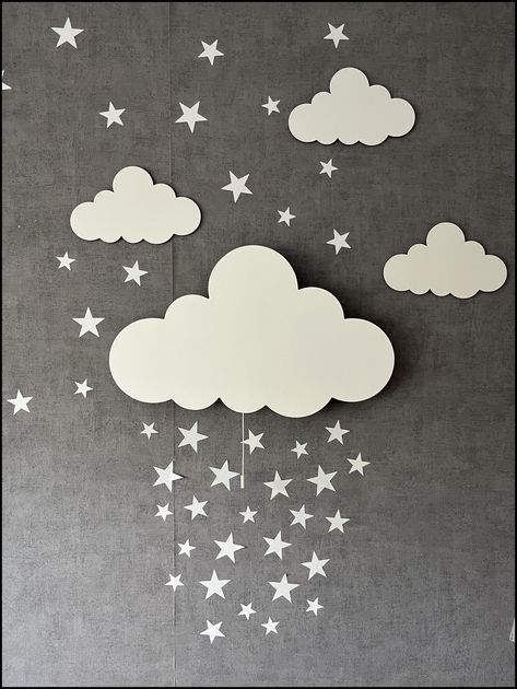 Introducing our cloud night light collection! Perfect for nursery wall decor, these adorable wall lamps are the ideal gift for newborns. Transform any baby room into a cozy haven with our charming cloud wall decor. Each kids wall lamp is thoughtfully designed to add a whimsical touch to any nursery.  SET CONTENT Cloud Wall Light (White) : 40 x 25 cm / 15,7 x 9,8 in 3 Small Wooden Clouds (White) with adhesive band : 15 x 9 cm / 5,9 x 3,5 in  50 pcs star stickers (White)  NOTES Want a different co Sky Themed Nursery, Cloud Wall Decor, Baby Room Lamps, Cloud Bedroom, Wall Art Baby Room, Cloud Night, Cloud Nursery, Cloud Night Light, Cloud Lamp