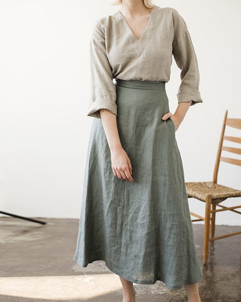 Long Linen Skirt in Green Soft Grunge, Linen Skirt Outfit, Long Linen Skirt, Long Skirt Outfits, Rock Outfit, Linen Fashion, Skirt Maxi, Outfit Jeans, Linen Skirt