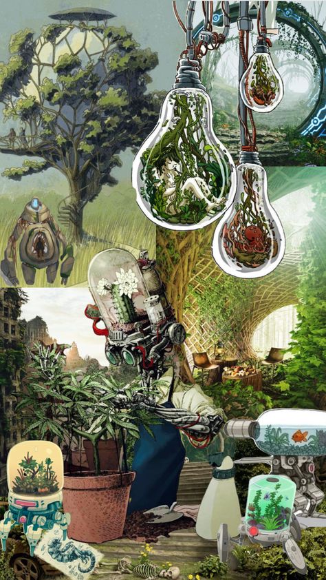 #fantasy #dreamscape #nature #green #aesthetic #moodboard #future Plant Technology Aesthetic, Ecopunk Concept Art, Solarpunk Aesthetic Room, Futuristic Nature Aesthetic, Solar Punk Wallpaper, Nature And Technology Aesthetic, Solar Punk Decor, Nature Punk Aesthetic, Plant Cyberpunk