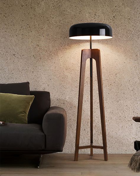 The Towa Wood Floor Lamp a masterpiece that embodies the fusion of rustic charm and modern elegance. This lamp, with its rich wooden stand and sleek black shade, is designed to be more than just a light source — it's a piece of art for your home. The warm, natural wood grain stands in beautiful contrast to the contemporary dark hue of the lampshade, making the Towa a statement piece that can complement both traditional and modern decor.   Product Size   Size: Dia 48cm x H 152cm / ∅ 18.9″ x H 59. Modern Rustic Floor Lamp, Rustic Floor Lamp, Wooden Floor Lamp, Wooden Lamps, Modern Floor Lamp, Rustic Floor Lamps, Wood Lamp Design, Diy Furniture Building, Wood Floor Lamp