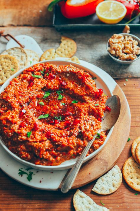 Muhammara Dip, Muhammara Recipe, Arabisk Mad, Savoury Snacks, Vegan Dip, Pomegranate Molasses, Cold Food, Lebanese Recipes, Big Bowl