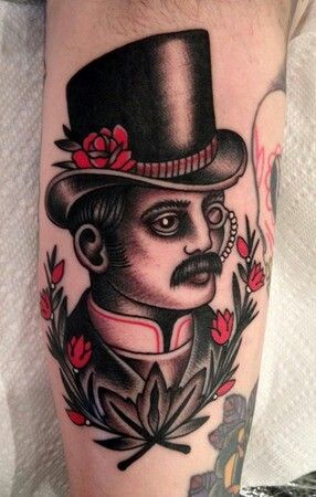 Gent with top hat Top Hat Tattoo, Victorian Tattoos, Man In Top Hat, General Tattoo, Traditional Compass Tattoo, Victorian Male, Gentleman Tattoo, Traditional Man, Traditional Tattoo Man