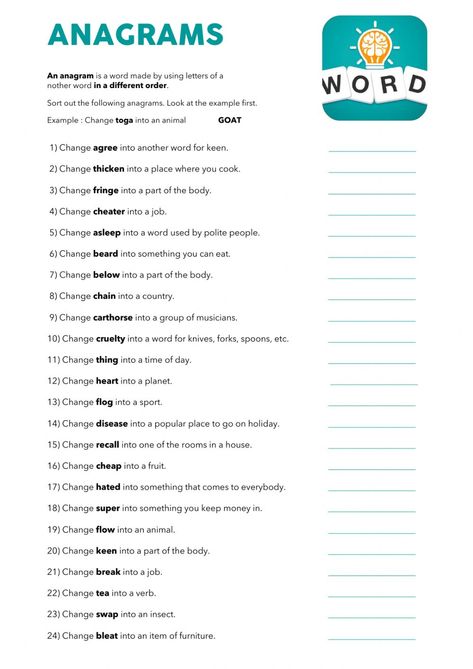 Anagrams Worksheet With Answers, Anagrams Worksheet, Word Games For Seniors, Anagram Words, Games For Students, Word Games For Kids, The Worksheet, English Games, Interactive Games