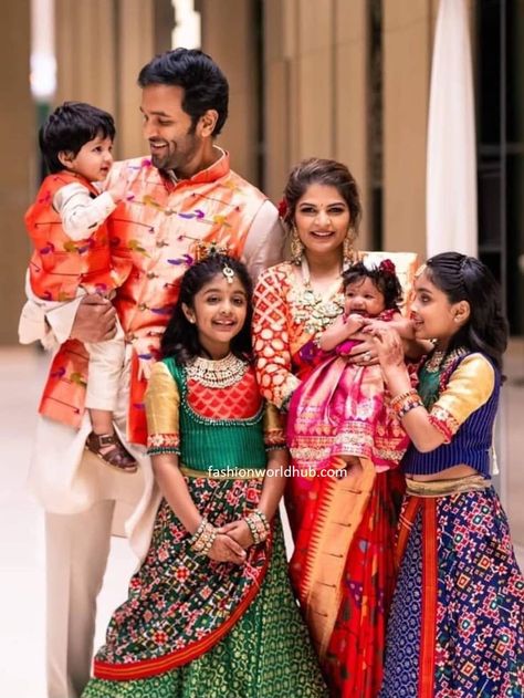 Vishnu Manchu family in Traditional outfits! | Fashionworldhub Paithani Family Outfits, Manchu Vishnu Daughters Dresses, Kalamkari Family Outfits, Family Traditional Outfits Indian, Manchu Vishnu Family, Family Wedding Outfits, Kids Traditional Wear Indian, Silk Outfits, Kids Indian Wear