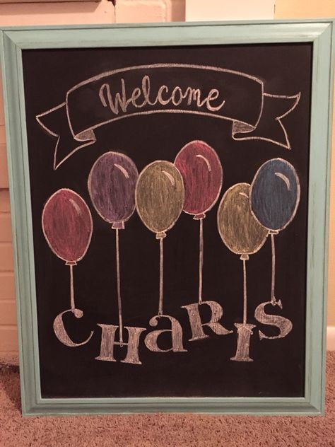 Baby Girl Shower Chalkboard. Balloons & welcome Chalkboard Balloons, Welcome Home Chalkboard, Baby Chalkboard Signs, Chalk Art Signs, Chalkboard Inspiration, Baby Shower Chalkboard, Edward Jones, Chalkboard Art Quotes, Welcome Home Banners