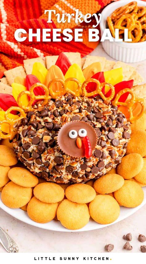 Cheese Ball Turkey Shape, Thanksgiving Dessert Cheese Ball, Turkey Cream Cheese Ball, Dessert Cheese Ball Recipes, Appetizers For Thanksgiving Party, Thanksgiving Turkey Cheese Ball, Turkey Themed Desserts, Turkey Shaped Cheese Ball, Creative Thanksgiving Desserts