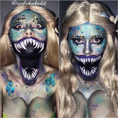 Wicked Siren | IG @voodoobarbiedoll | Siren, Mermaid, Mermaid Makeup, Makeup, SFX, Special Effects Makeup, Scary Mouth Makeup, Teeth Makeup, Creepy Makeup, Horror, Halloween Makeup, Halloween Inspiration, Scale Makeup, Siren Makeup Scary Mermaid, Siren Makeup, Creepy Makeup, Creepy Halloween Makeup, Mermaid Halloween, Horror Makeup, Halloween Makeup Scary, Halloween Makeup Tutorial, Face Painting Halloween