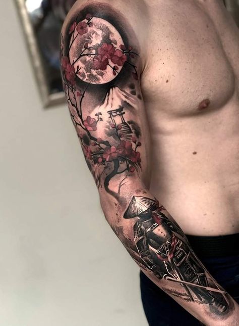 Japanese Samurai Tattoo Forearm, Full Mens Sleeve Tattoo, Sleeve Tattoos Japanese Mens Arm, Tattoo Ideas For Men Sleeve Japanese, Red Samurai Tattoo, Tattoo Sleeve Samurai, Tattoo Ideas For Men Forearm Japanese, Japanese Temple Sleeve Tattoos, Men’s Tattoos Arm Sleeves