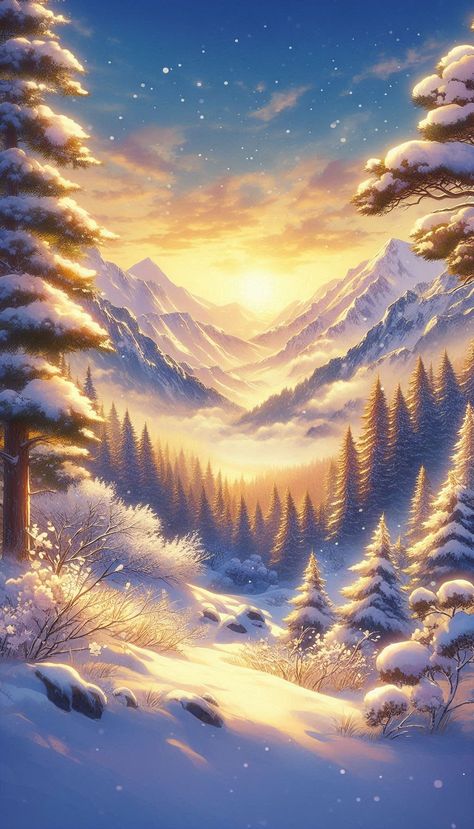 Winter serenity in full bloom, softly glowing under the gentle touch of the descending sun. 4K anime wallpaper for a peaceful winter scene. #animeart #4kanime #naturewallpaper #winterlandscapes #HayaoMiyazaki #animestyle #dreamy #serenitynow #wallpaper #hdwallpaper Anime Winter Background, Winter Anime Wallpaper, Anime Snow, Winter Paper, Winter Background, Anime Wallpaper Phone, Winter Wallpaper, Winter Scenery, Gentle Touch