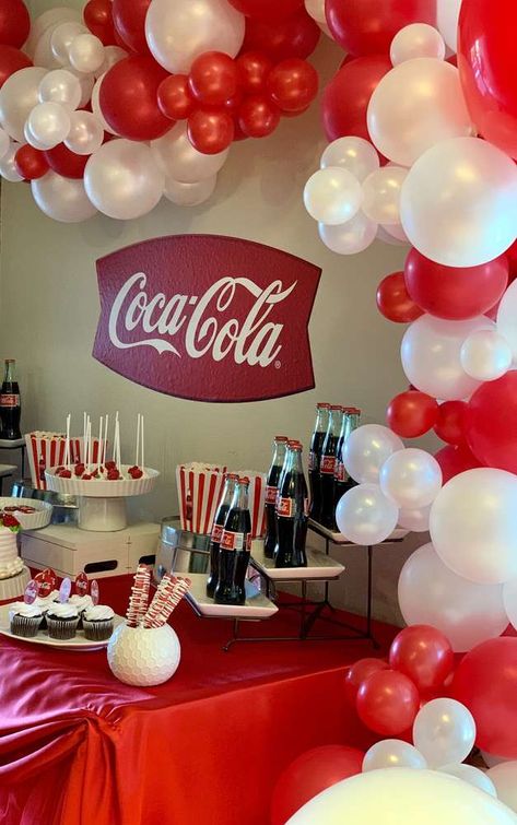 Coca-Cola surprise party | CatchMyParty.com Coca Cola Birthday Party, Coca Cola Party Theme, Coca Cola Party, 50th Birthday Gag Gifts, 40th Birthday Quotes, Coca Cola Decor, Birthday Party Images, Coca Cola Zero, Coca Cola Christmas