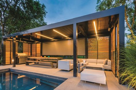 Motorized pergola with adjustable louvers CAMARGUE® by RENSON_5 Motorized Pergola, Pergola Lighting, Modern Pergola, Backyard Pavilion, Aluminum Pergola, Pergola Canopy, Wooden Pergola, Patio Roof, Backyard Pool Designs