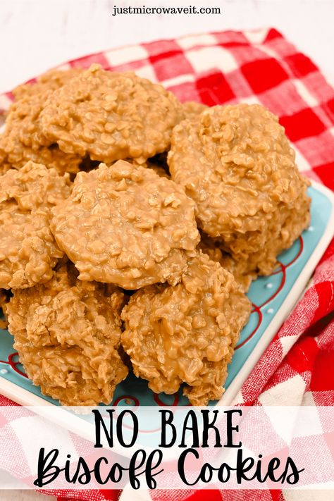 This recipe for No Bake Biscoff Cookie Butter Cookies is so easy, you'll be able to make a batch in minutes. All you need is a few ingredients and a microwave! No Bake Biscoff Cookies, No Bake Cookies Microwave Recipe, Single Serving No Bake Cookie, Single Serving Cookie Microwave, Single Serving Microwave Cookie, Biscoff Cookie Recipe, Microwave Dessert, Super Easy Desserts, Cookie Exchange Party