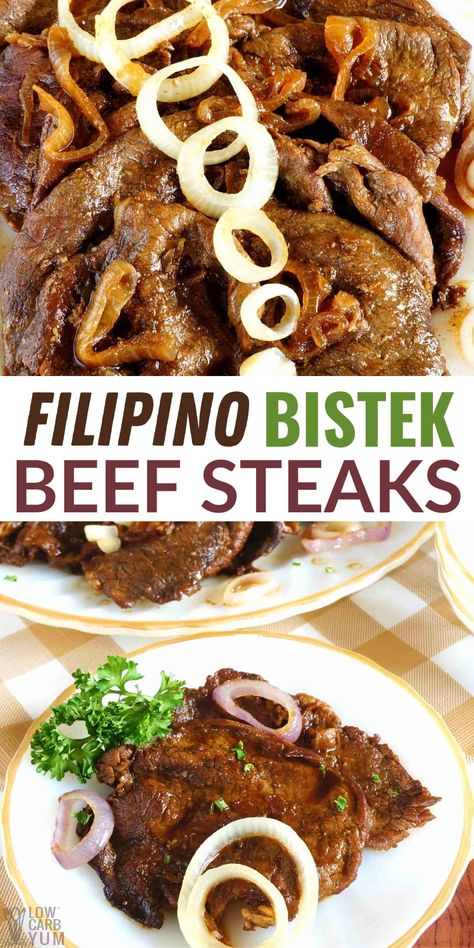 Learn how to make a succulent Filipino Bistek recipe. Thinly-sliced sirloin smothered in a rich gravy. Only 5 grams net carbs each! Filipino Bistek Recipe Beef, Beef Steak Tagalog, Beef Pinoy Recipe, Easy Filipino Food, Bistek Recipe Filipino Dishes, Keto Filipino Recipes, Pinoy Bistek Recipe, Filipino Bistek Recipe, Beef Steak Filipino