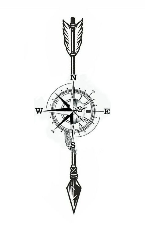 Arrow With Compass Tattoo Design, Arrow Compass Tattoo Men, Deep Men Tattoo, Arrow Tattoo Design For Men, Time Travel Tattoo, Compass With Arrow Tattoo, Sagittarius Tattoo For Men, Tattoo Brother Sister, Compass Arrow Tattoo