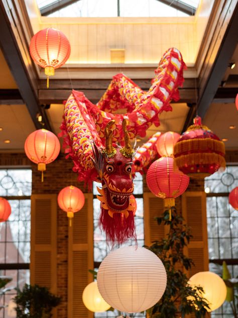 Enthralling decor from our Lunar New Year OMAGE! Photo by Shining Light Photography at www.shininglight516.com Lunar New Year Table Decor, Chinese New Year Party Decorations, Lunar New Year Decoration Ideas, Chinese Themed Party, Chinese New Year Dragon Decorations, Lunar New Year 2024, Chinese New Year Aesthetic, Lunar New Year Aesthetic, Korean Lunar New Year