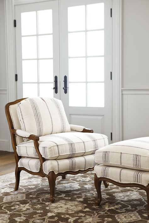 How to pronounce the word bergere -- plus 9 others you probably need brushing up on! Bergere Chair Living Room, Bergere Chairs, Island Stools, Bergere Chair, French Chairs, Striped Fabric, Ballard Designs, Classic Furniture, Upholstered Furniture