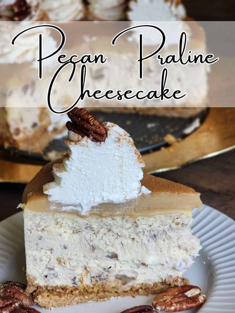 Pecan Praline Cheesecake Recipe with Cinnamon Whipped Cream - The Proverbs Kitchen Pecan Praline Cheesecake Recipe, Pecan Praline Cheesecake, Oven Dessert Recipes, Praline Cheesecake, Praline Pecans, Cinnamon Whipped Cream, Pralines And Cream, Praline Recipe, Vanilla Cream Cheese