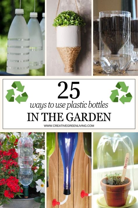 25 ways to use plastic bottles in the garden from Creative Green Living Upcycle 2 Liter Bottles, Plastic Bottles Planters, Milk Jug Planters, Diy Fairy Garden House, Bottles In The Garden, Diy Mini Greenhouse, Plastic Bottle Greenhouse, Creamer Bottles, Plastic Bottle Planter