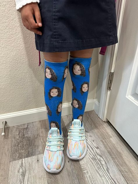 Today was “Crazy Sock Day” at school and Brookie wore her Brookie socks 😂 I had DivvyUp socks made for Armando a few years ago with each of the girls on them and Brooklyn’s face is still ALL OVER the place with their ads - it’s hilarious! Crazy Socks, Brooklyn, Socks, How To Wear