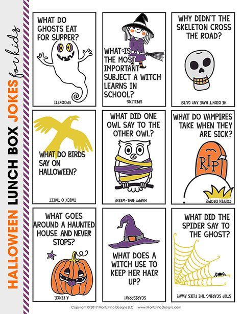 Halloween lunch box jokes | free printables for kids | make your kids laugh | funny lunch box jokes Halloween Lunchbox Jokes, Halloween Jokes For Kids, Kids Lunch Box Notes, Halloween Lunch Box, Halloween Lunch, Kids Jokes, Lunchbox Jokes, Box Printable, Halloween Jokes