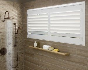 Hunter Douglas Shutters in the Bathroom - Drapery Street Shower Windows Ideas, Hunter Douglas Shutters, Bathroom Windows In Shower, Bathroom Window Coverings, Bathroom Window Curtains, Bathroom Window Treatments, White Shutters, Bathroom Blinds, Modern Blinds