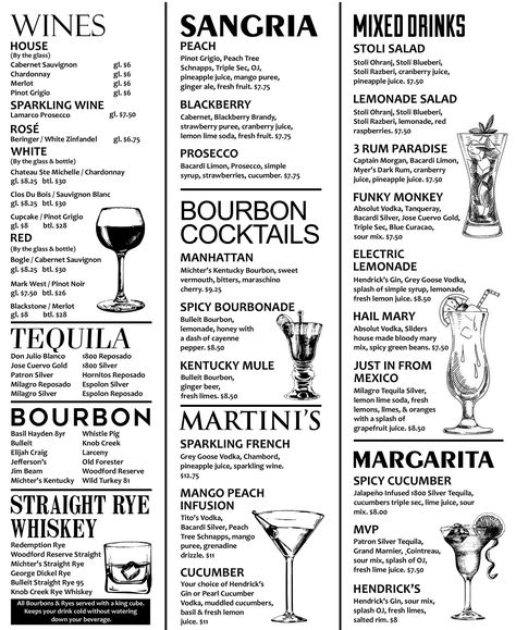 Cocktails & Wine - Sliders Grill & Bar Bar Drink Menu Ideas, Bar Menu Restaurant, Restaurant Drink Menu Ideas, Bar Cocktail Menu Ideas, Wine Menu Ideas, Bar Menu Design Ideas Drinks, Cocktail Menu Design Ideas Bar, Wine Bar Menu Ideas, Drink Menu Design Bar