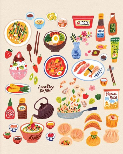 Asian Food Doodles, Korean Art Illustration, Condiment Illustration, Drawing Food Cute, Kawaii Art Cute Food, Korean Illustration Cute, Asian Food Drawing, Annelies Draws, Korean Food Drawing