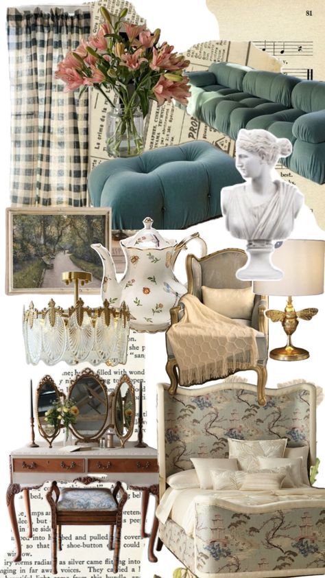 Regency and vintage inspired home decor collage Regency Core, Vintage Inspired Home, Girly Apartments, Aesthetic Living Room, Vintage Interior Design, Anne With An E, French Cottage, Nyc Apartment, Vintage Interior