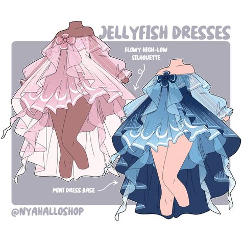 Jellyfish Inspired Clothing, Jellyfish Dress Drawing, Jellyfish Outfit Drawing, Jellyfish Themed Outfit, Art Outfit Ideas Drawing, Water Dress Drawing, Kawaii Clothes Drawing, Clothes Sketches Design Ideas, Cute Aquarium Outfit