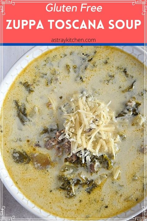 Gluten Free Zuppa Toscana copycat - Creamy, salty, broth with potatoes, kale, and spicy sausage. An easy Italian soup recipe. Such a perfect gluten free dinner recipe that makes for great leftovers! Zuppa Soup, Italian Soup Recipes, Chicken Broth Recipes, Zuppa Toscana Soup, Toscana Soup, Italian Soup, Something Nice, Spicy Sausage, Gluten Free Recipes For Dinner