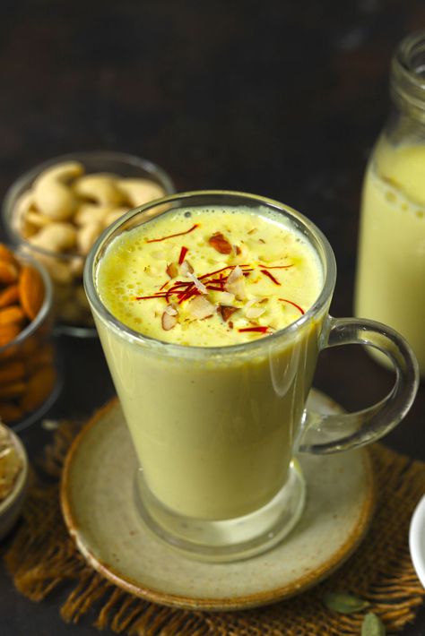 Badam Milk Photography, Badam Milk Recipes, Kesar Badam Milk, Badam Shake, Badam Milk Recipe, Badam Milk, Saffron Milk, High Protein Drinks, Ganesha Artwork