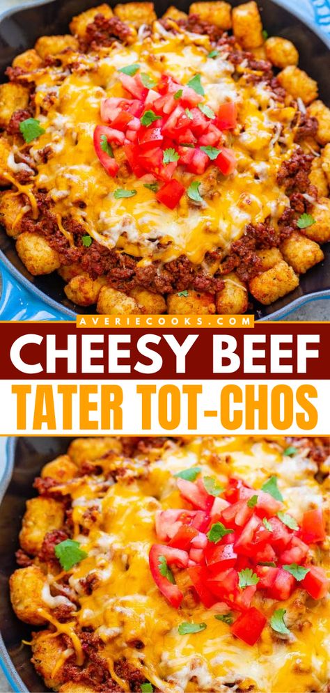 The perfect football food! Your Super Bowl party won't be complete without this tot-chos recipe. Loaded with taco-seasoned ground beef and plenty of cheese, these tater tot nachos are an easy game day appetizer everyone will enjoy! Tot Chos, Tot Recipes, Totchos Recipe, Tot Nachos, Nachos Recipes, Tater Tot Nachos, Tater Tot Recipes, Biscuits Recipes, Averie Cooks