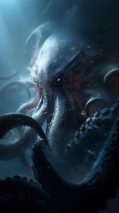 Dwelling in the dark cold depths of our oceans. The Kraken! Akin to squids, the gigantic masters of the sea are highly destructive and competent at carrying out their evil deeds! Capable of crushing the hull of a Galleons, wipe out entire islands and coasts, and cast old magic! Scary Sea Creatures, Kraken Monster, Sea Monster Art, Ocean Monsters, Kraken Art, Cthulhu Art, Creature Marine, Sea Creatures Art, Dark Creatures