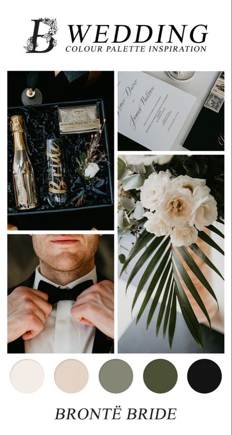 Champagne Black And Greenery Wedding, White Beige Black Wedding, Black White Champagne Wedding Color Schemes, Dark Neutral Wedding Colors, Black Sage Green Wedding, Olive And Black Wedding, Modern Wedding Colors, Modern Neutral Wedding, Moody Minimalist