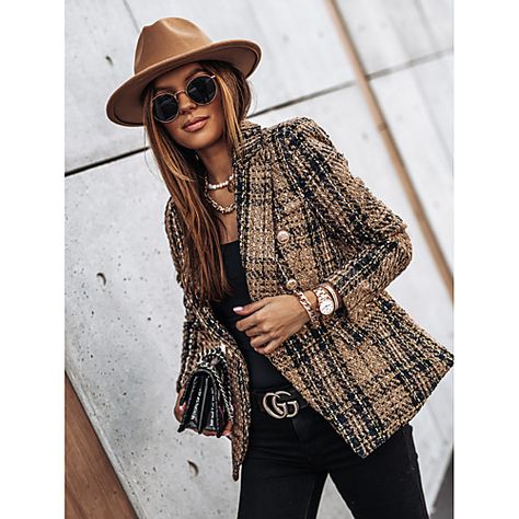 Blazer Suit Women, Lapel Coat, Winter Fabric, Modieuze Outfits, Long Sleeves Coats, Plaid Blazer, Tweed Blazer, Casual Coat, Pattern Geometric