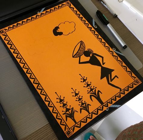 Warli painting done by Maa. Inspiration drawn from another painting on Pinterest Worli Painting Canvases, Warli Art On Black Paper, Warli Paintings Easy, Warli Paintings On Canvas, Warli Painting Ideas On Paper, Warli Art Easy, Warli Paintings, Cartoons Krishna, Worli Painting