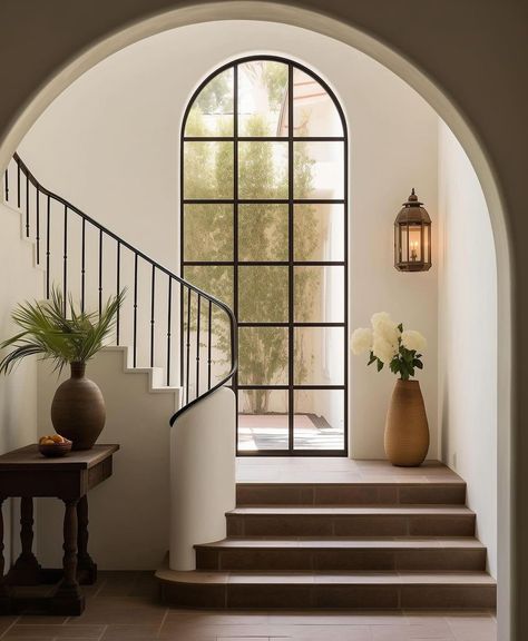 Spanish Villa Staircase, Fresh Home Aesthetic, Art Deco Stairs Stairways, Classy House Aesthetic, Beautiful Staircases Grand Entrance, Home With Arches Interior, Homey Feeling Aesthetic, Modern Tudor Home Interior, House With Courtyard Entrance