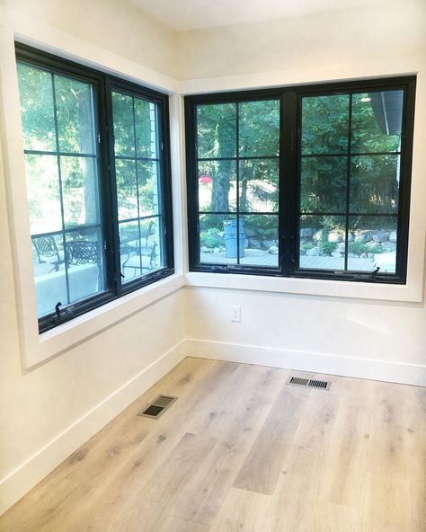 Anderson Casement Windows, Black Window Trims, Anderson Windows, Interior Window Trim, Modern Farmhouse Style Bedroom, Black Window Frames, Indoor Window, Replacement Windows, White Oak Floors