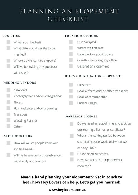 Destination Elopement Checklist, Elopement Budget Planner, No Wedding Just Reception, Elopement Planning Guide, Elopement Wedding Checklist, Second Wedding Elopement, Elopement List Things To Do, Elopement Packing List, Courthouse Wedding To Do List