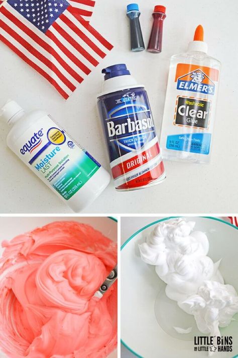 Slime Recipe With Shaving Cream, Slime Shaving Cream, Slime Recipe Clear Glue, 4th Of July Science, Slime Recipe Clear, Baking Soda Slime, Slime With Shaving Cream, Red Slime, Crafts Slime