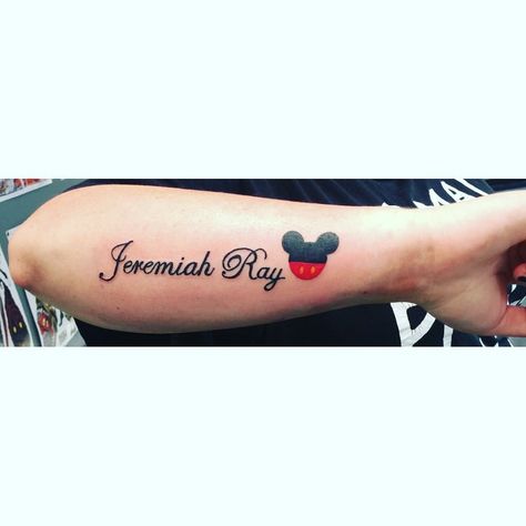 I got this for my sweet boy, Jeremiah Ray!❤️ He LOVES Mickey Mouse!  #nametattoo #tattoo #tat #tattedmoms #tattoosformoms #mickeymouse #mickeymousetattoo Ray Name Tattoo, Mickey Mouse Tattoo, Bear Tattoos, Name Tattoo, Mom Tattoos, I Got This, I Tattoo, Tattoo Quotes, Tatting