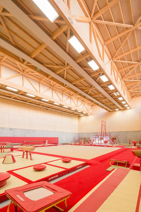 Wall and roof construction above ground level is made of timber. © 11h45 Gymnastics Gymnasium, Gymnasium Architecture, Dance Studio Design, Gymnastics Center, Gymnastics Room, Campus Design, Gymnastics Gym, Sport Center, Sport Park