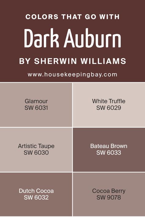 Colors that Go With Dark Auburn SW 6034 by Sherwin Williams Sherwin Williams White, Red Paint Colors, Dutch Cocoa, Dark Auburn, Paint Color Inspiration, White Truffle, Red Paint, Coordinating Colors, Color Pallets