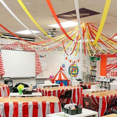 Meghan Daly on Instagram: "Test Prep Carnival has begun!!!🎪🎟️🥇 #thirdgradeteacher #thirdgrade #thirdgradelife #teacherlife #teachersofinstagram #teachersofig #teachersofinsta #elementaryteacher #teachersfollowteachers #teachersfollowingteachers #teacherlife #teachergram #instateachers #iteachthird #classroomideas #classroomdecor #roomtransformation #classroomtransformation #testprep #testprepcarnival #carnivaltestprep #thirdgradetestprep #thirdgradereview" Circus Appreciation Week, Carnival Room Transformation, Carnival Class Party, Carnival Classroom Transformation, Circus School Theme, Carnival Classroom Theme, Classroom Carnival, Carnival Vbs, Carnival Classroom