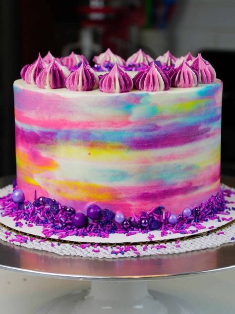 Rainbow Watercolor Cake, Tie Dye Cakes Ideas, Vegan Funfetti Cake, 7th Birthday Cakes, 8th Birthday Cake, Girls Cake, 10 Birthday Cake, Watercolor Cake, Cake Easy