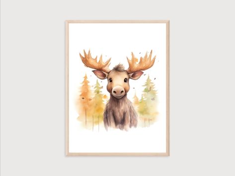 Woodland Painting Nurseries, Moose Themed Nursery, Watercolor Moose Painting, Moose Nursery Decor, Moose Nursery, Moose Animal, Deer Wall Art Nursery, Moose Wall Art, Moose Painting