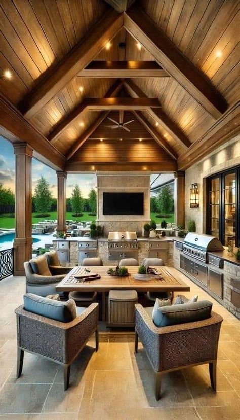 Luxury Outdoor Fireplace, Outdoor Cooking Pavilion, Covered Patio With Outdoor Kitchen And Pool, Outdoor Patio Ideas Covered, Luxury Farmhouse Exterior, Outdoor Pavilion With Kitchen, Back Porch Outdoor Kitchen, Covered Back Deck Ideas, Luxury Backyard Ideas