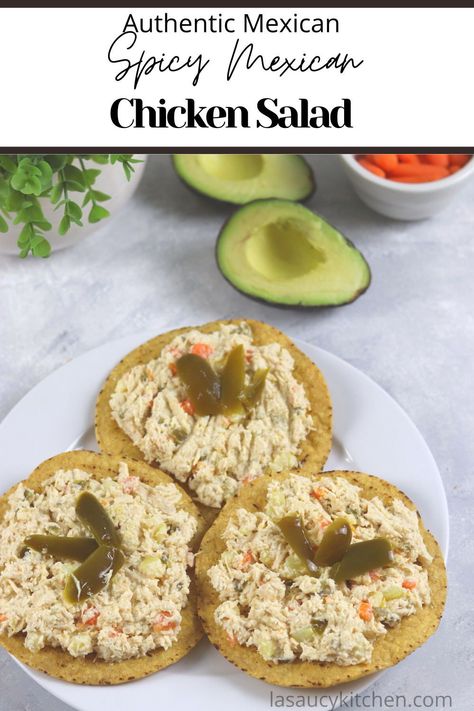 Chicken Tostada Recipes Mexican, Chicken Salad With Potatoes And Carrots, Chicken Salad Tostadas Mexican, Chicken Salad Recipe Mexican, Spanish Chicken Salad, Chicken Salad Recipe Mexican Style, Mayo Potatoes, Chicken Tostada Recipes, Chicken Salad Tostadas