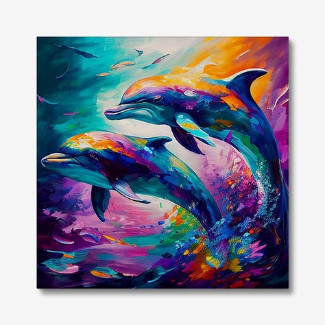 Introducing our latest canvas print, a modern depiction of two dolphins captured in a stunning oil painting. This beautiful print is stretched over a sturdy wooden frame, providing durability and stability to ensure that it maintains its shape over time. The painting features two dolphins jumping and playing in the ocean, with vibrant colours bringing the beauty of these majestic creatures to life. The canvas material allows the colours to pop and stay just as vivid for years to come, making it Dolphin Clipart, Beach Themed Art, Dolphin Painting, Art Plage, Batwing Cardigan, Dolphin Art, Bday Gifts, Bel Art, Exotic Animals