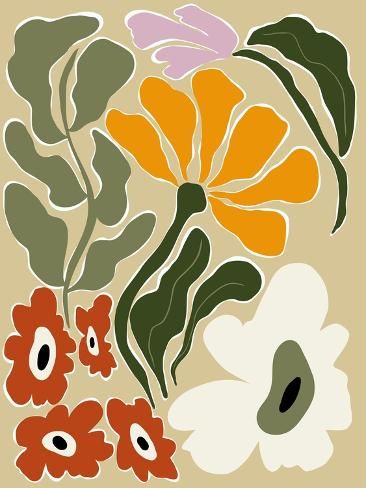 size: 12x9in Photographic Print: Mid Century Bloomscape by Miho Art Studio : Mid Century Floral Pattern, 1970s Artwork, 60s Prints, Earthy Prints, Olive Art, Peace Poles, Fall Paintings, 1970s Art, Boho Artwork